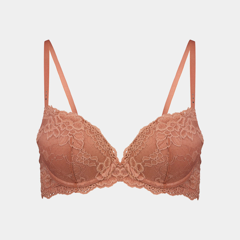 My Fit Lace Push Up Bra in CINNAMON. Flat lay front view