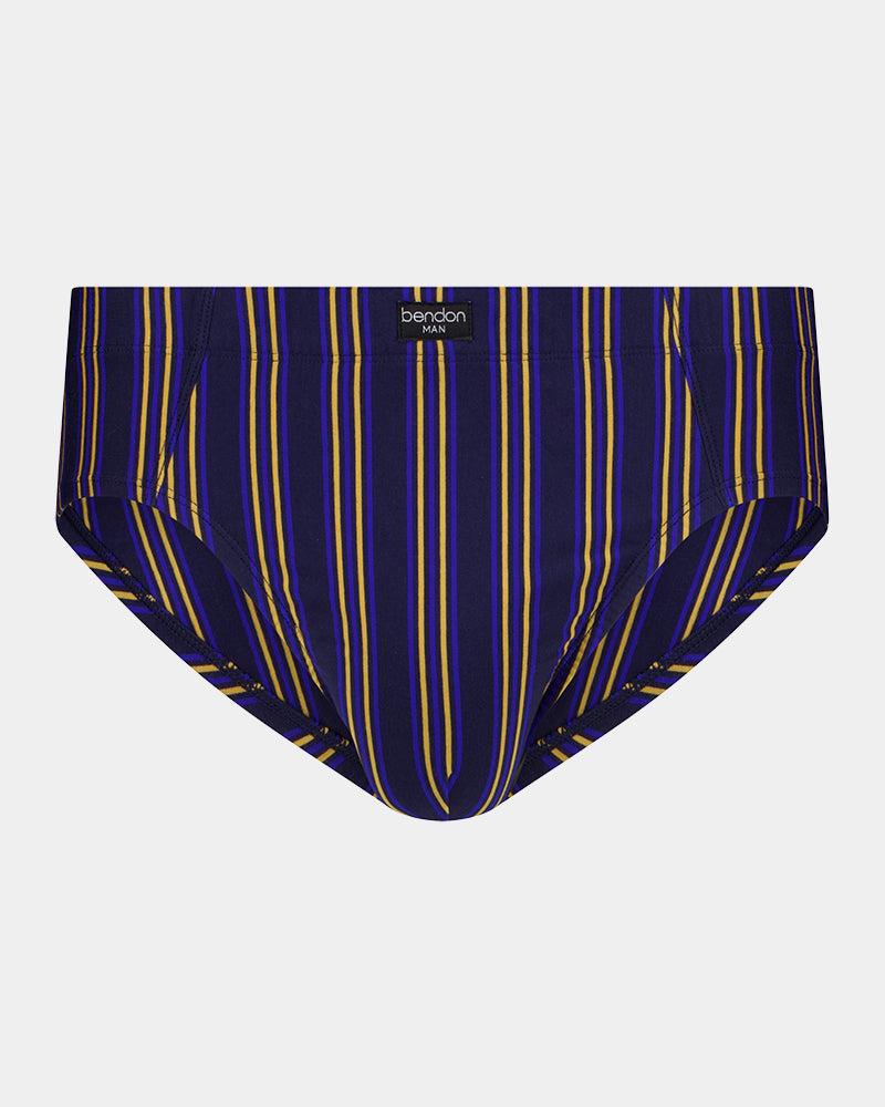 Cotton Stretch Mens Brief in PEACOAT/OAKBUFF STRIPE. Flat lay front view