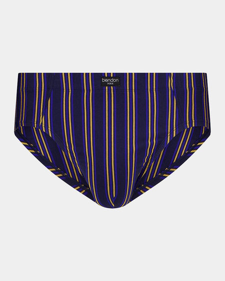 Cotton Stretch Mens Brief in PEACOAT/OAKBUFF STRIPE. Flat lay front view