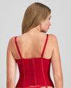 Model wears Lace Me Up Corset in JESTER RED. On body back view