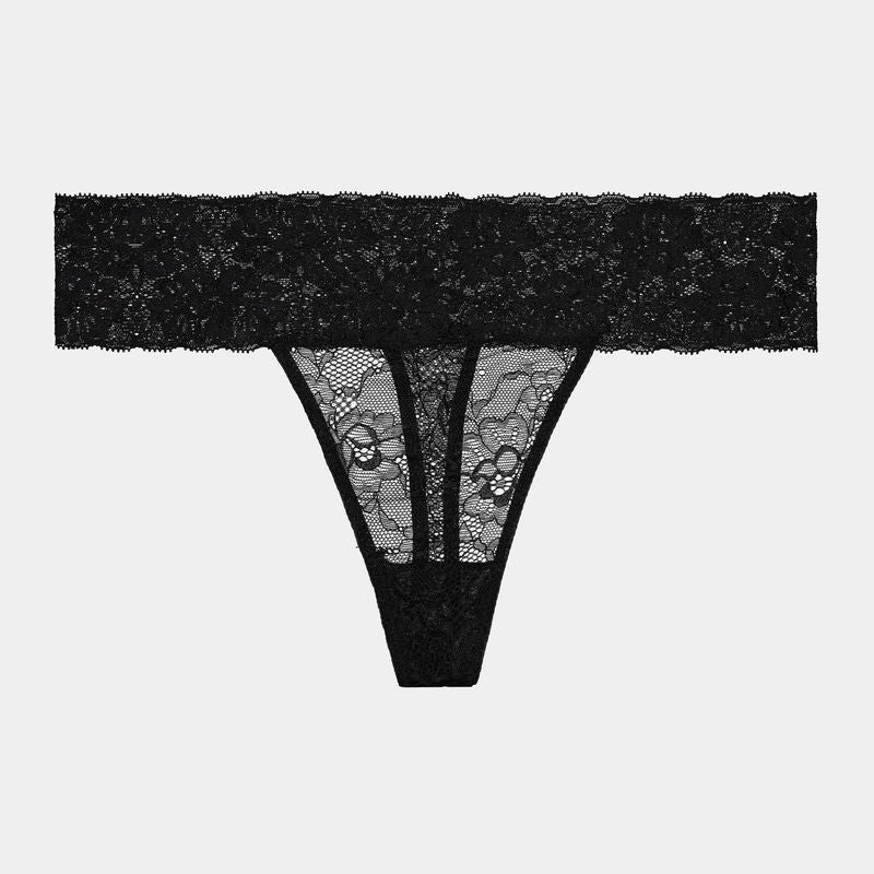 Lace Thong in BLACK. Flat lay front view