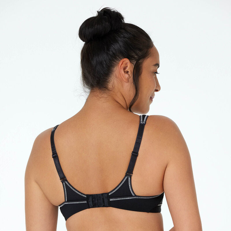 Active Contour Bra in BLACK. Flat lay back view