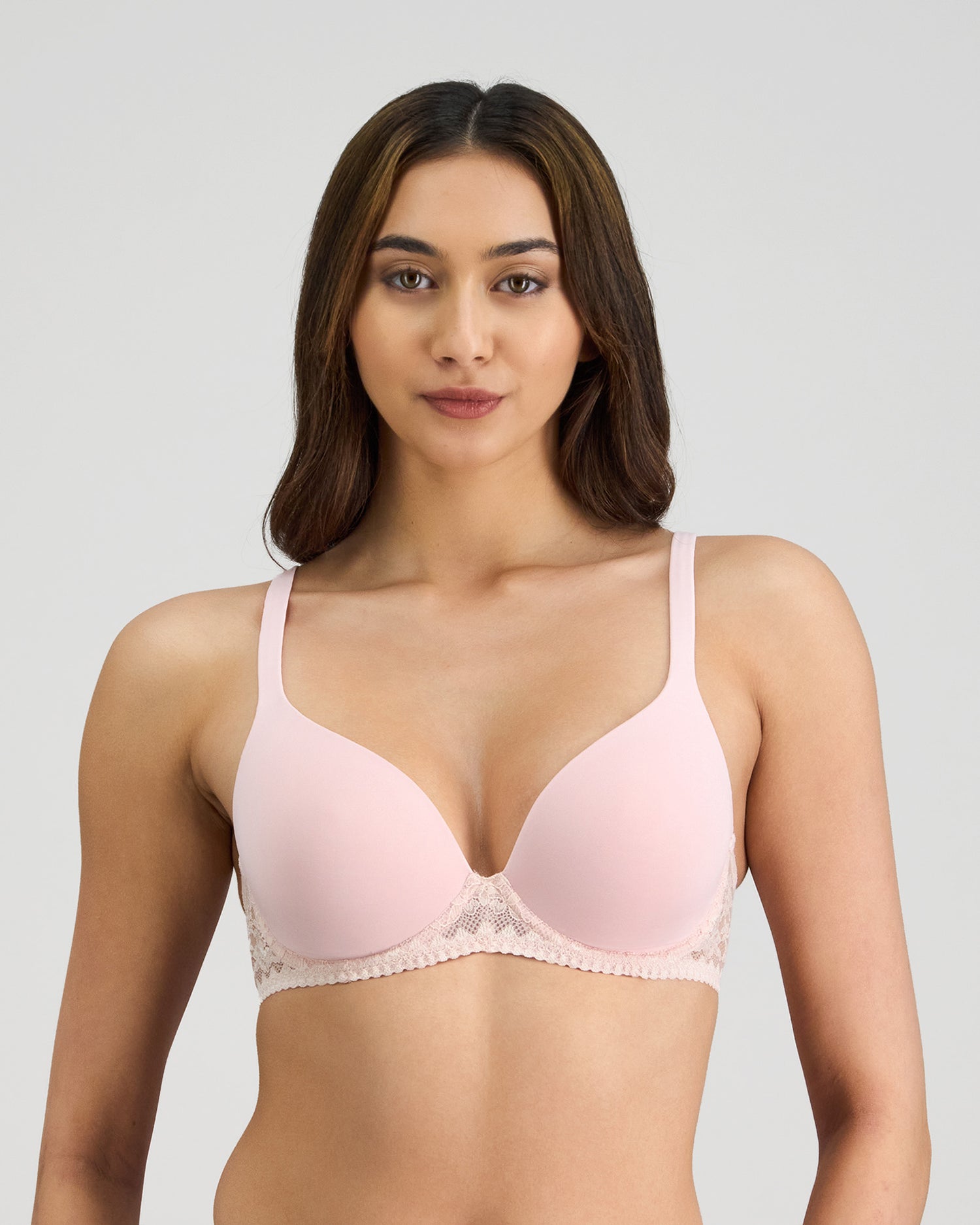 Model wears Bendon Dream-Fit Contour Bra in PALE LILAC. On body front view