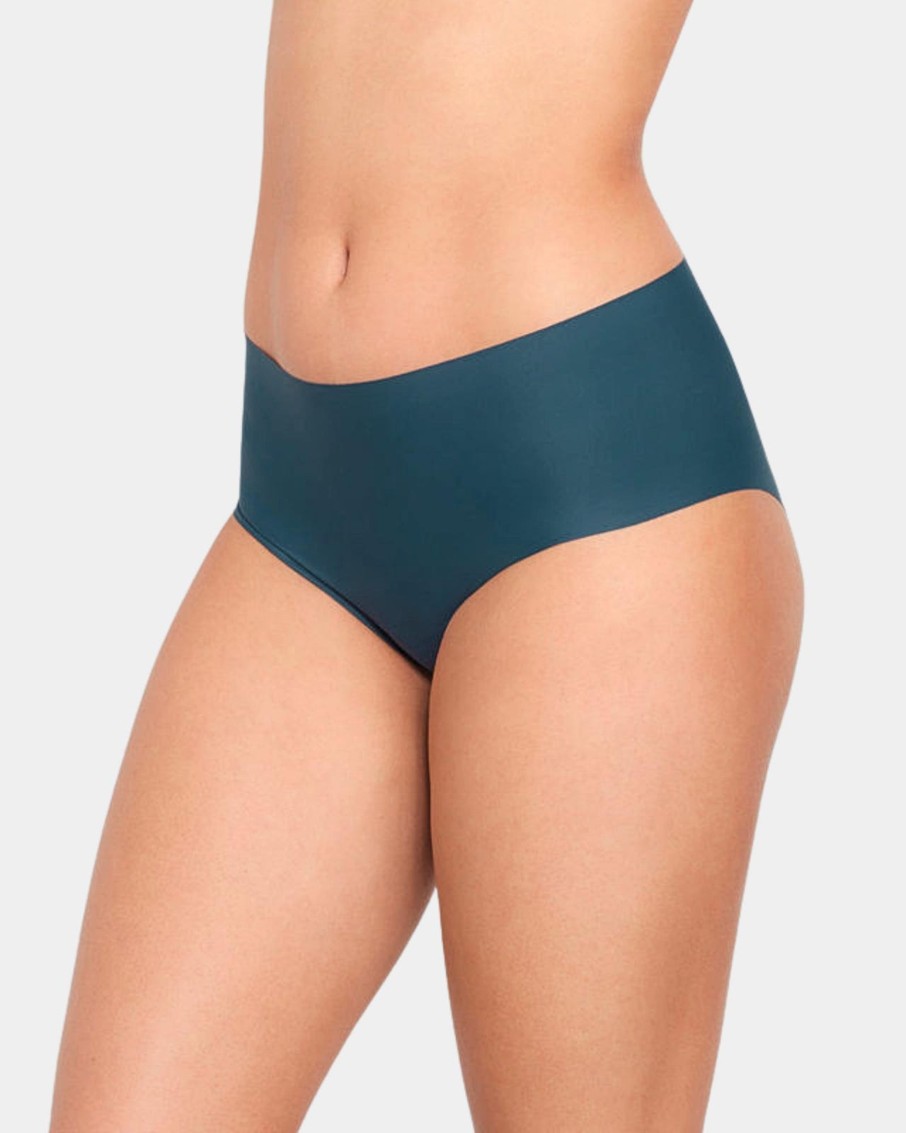 Model wears No Show Full Brief in MOROCCAN BLUE. On body front view