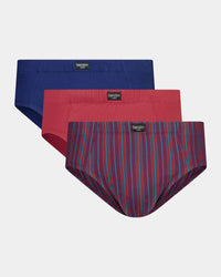Cotton Stretch Mens Brief 3 Pack in STRIPE/GARNET/MED BLUE. Flat lay front view