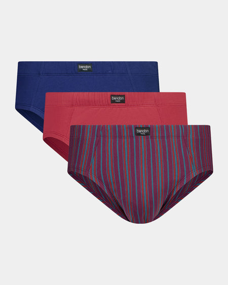 Cotton Stretch Mens Brief 3 Pack in STRIPE/GARNET/MED BLUE. Flat lay front view