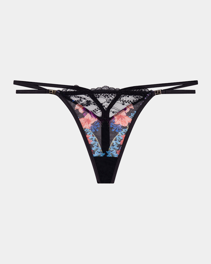 Adaline Thong in BLACK FLORAL PRINT. Flat lay front view