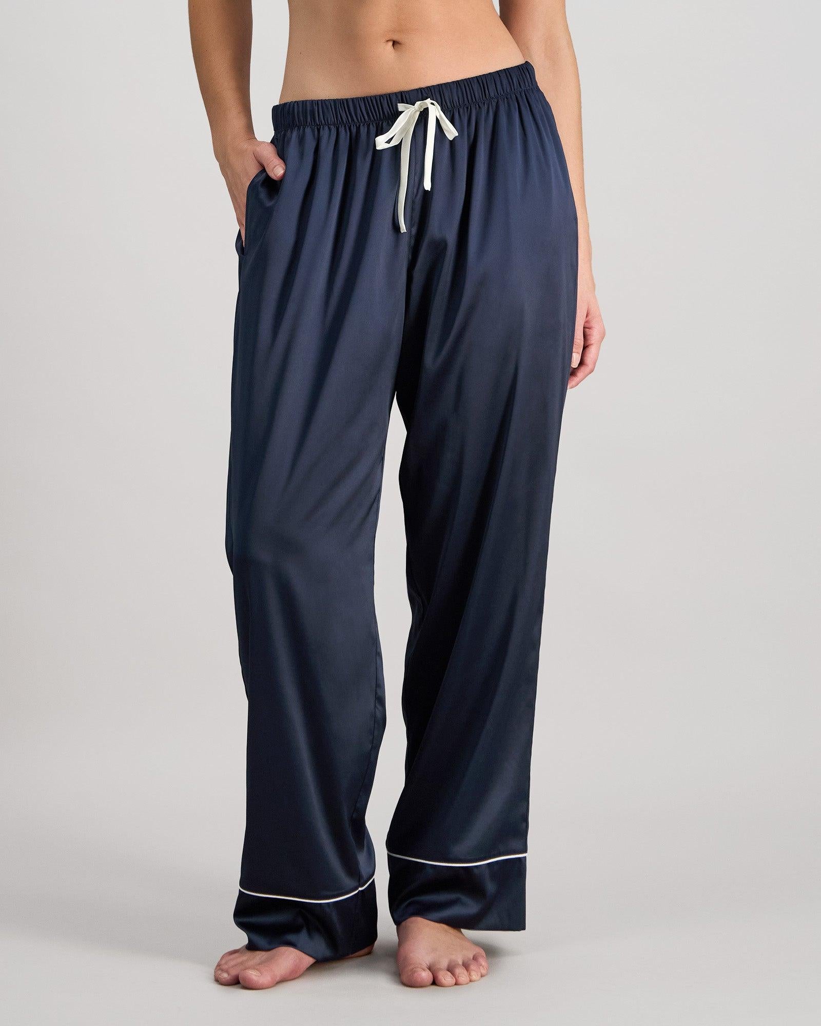 Model wears Holly Long PJ Pant in NAVY BLAZER. On body front view