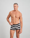 Model wears Rugby Stripe Mens Trunk in BLACK RUGBY STRIPE. On body front view