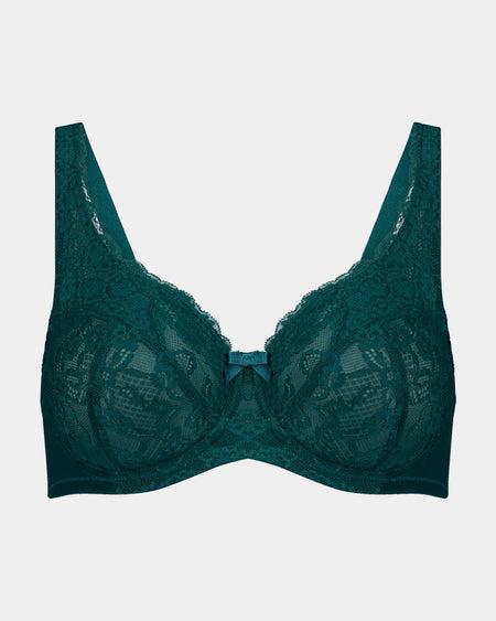 Lace Romance Underwire Bra in EVERGLADE. Flat lay front view