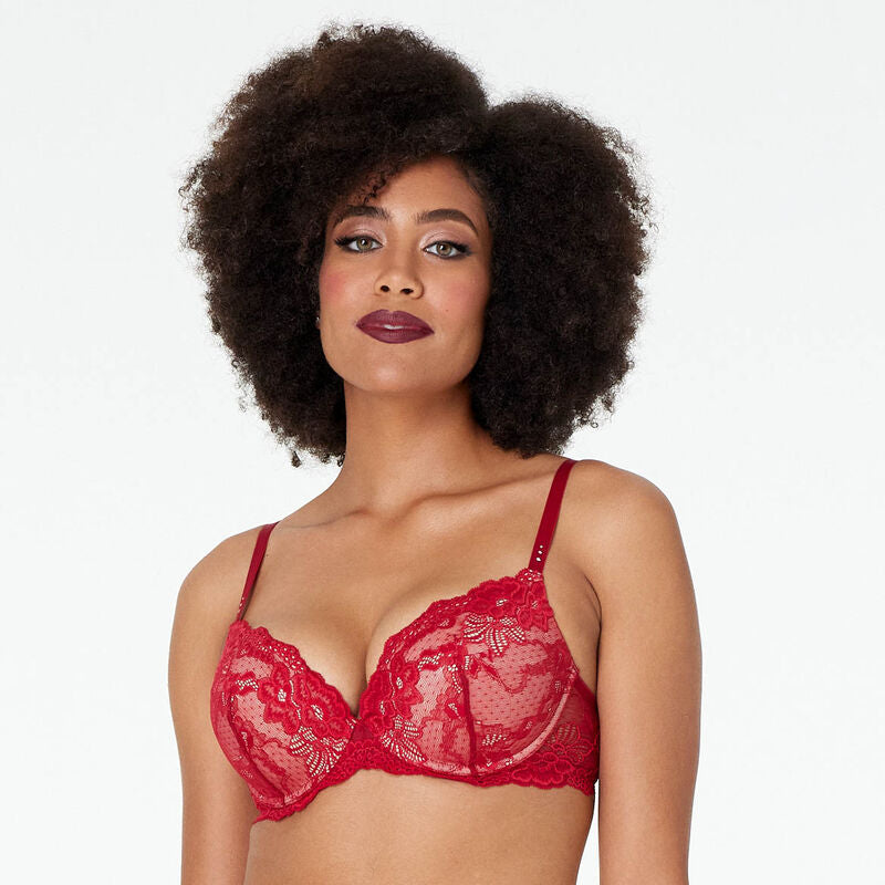 Model wears My Fit Lace Push Up Bra in JESTER RED. On body front view