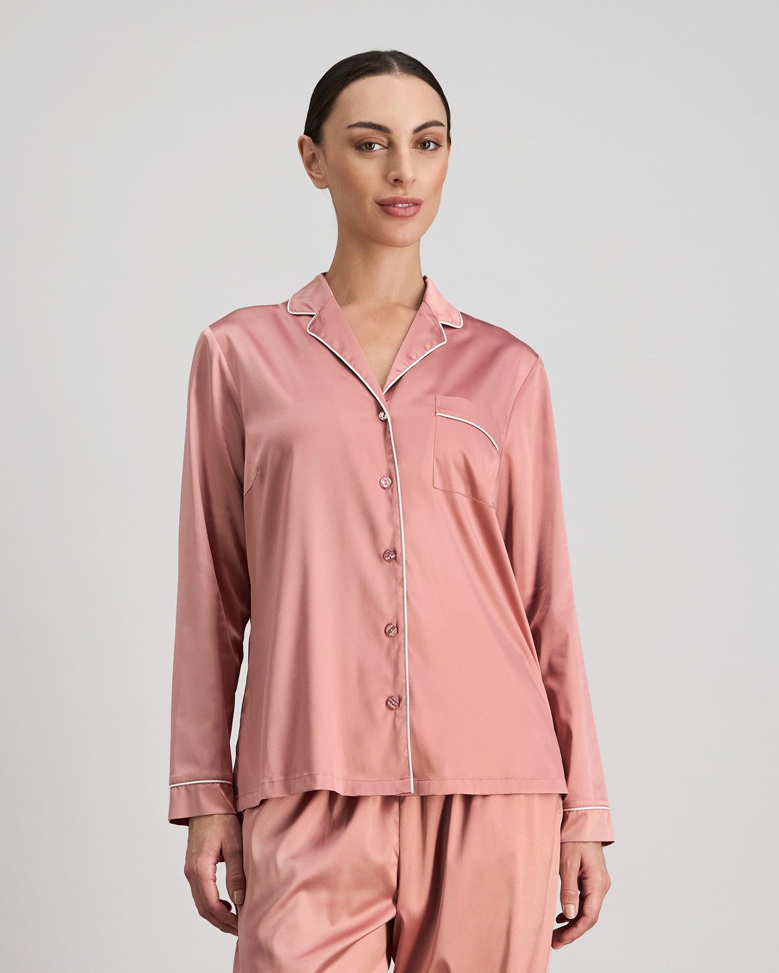 Model wears Holly Long Sleeve PJ Top in ASH ROSE. On body front view