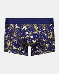 Retros Print Mens Trunk in GOLD TROPICAL PRINT. Flat lay front view