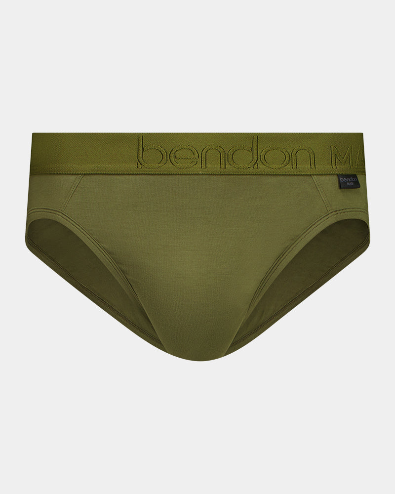 Bamboo Mens Brief in DARK OLIVE. Flat lay front view