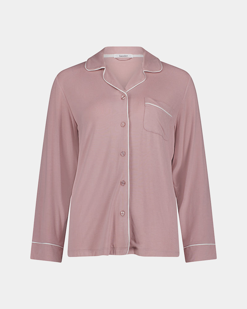 Bamboo Bliss Long Sleeve PJ Top in PALE MAUVE. Flat lay front view