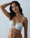 Model wears Keyhole Push Up Bra in PRISTINE/SILVER PEONY. On body front view