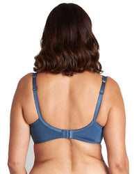 Model wears Alice Underwire Bra in BLUE WING TEAL. On body back view