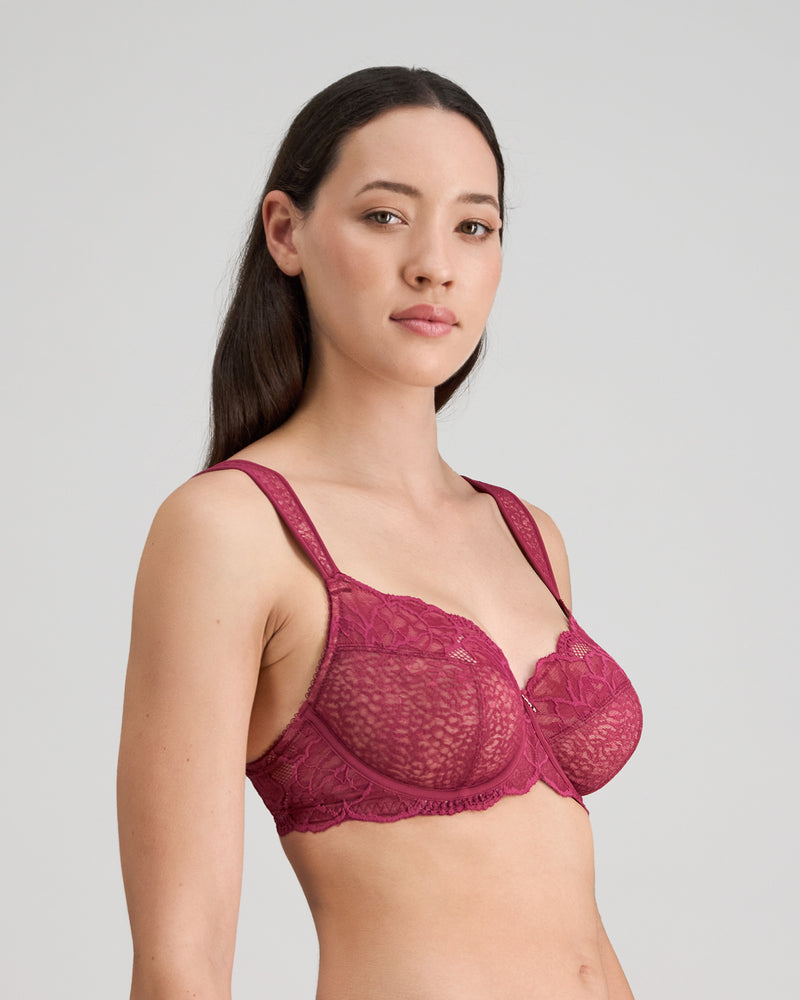 Model wears Midnight Express Underwire Bra in BEAUJOLAIS. On body side view