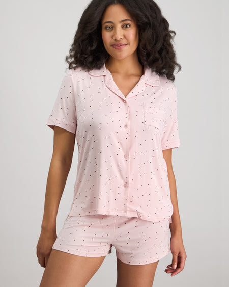 Model wears Belle Bamboo Short Pj Set in PALE LILAC/FIG. On body front view