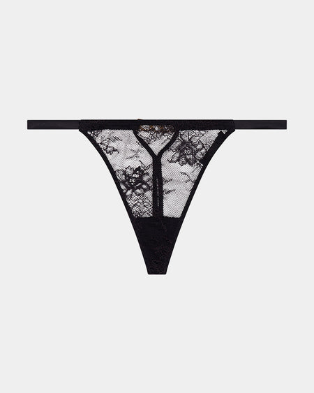 Scarlet Lover Thong in BLACK. Flat lay front view