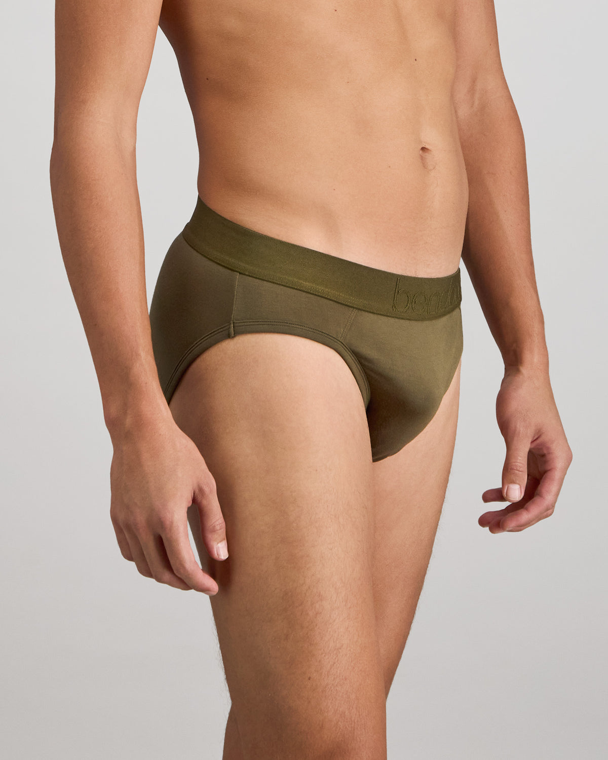 Bamboo Mens Brief in DARK OLIVE. Flat lay back view