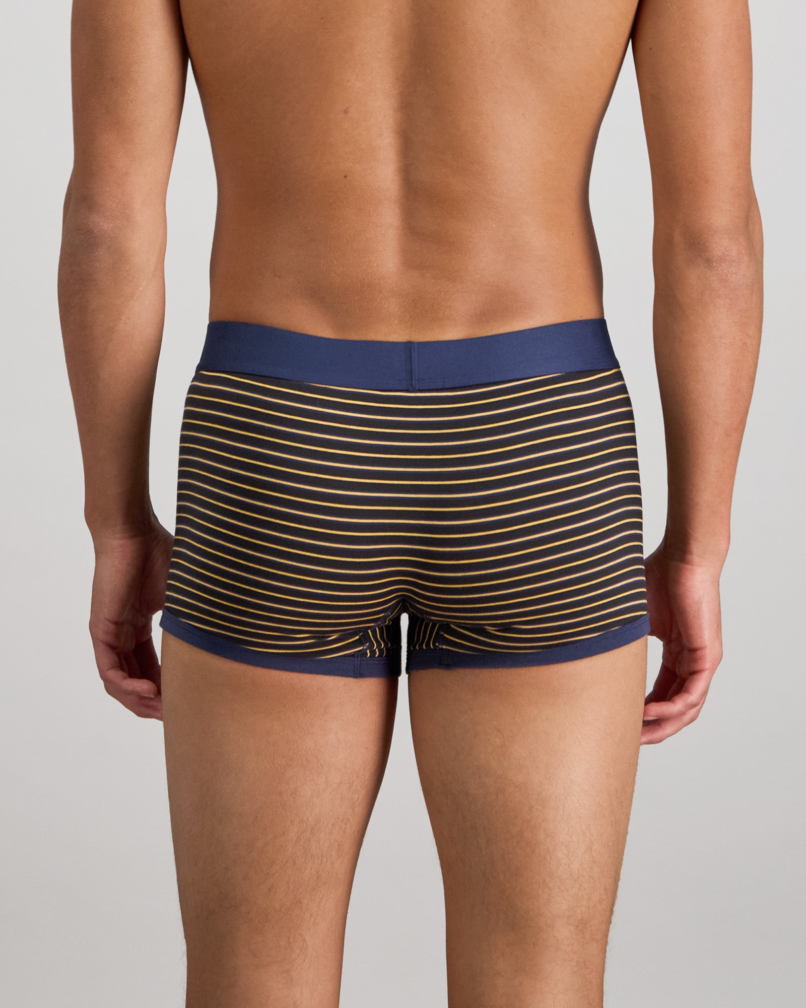 Model wears Bold Stripe Mens Trunk in BLACK/OAK BUFF STRIPE. On body back view