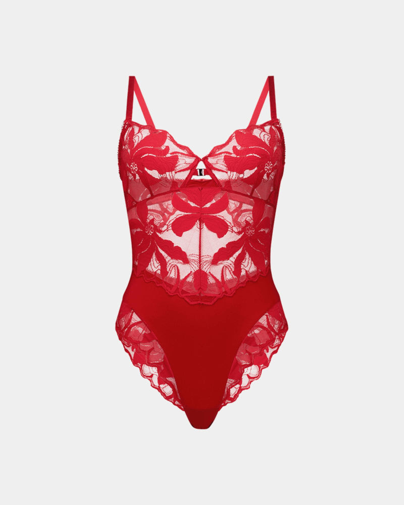 Margot Estelle Bodysuit in JESTER RED. Flat lay front view