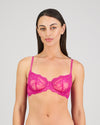 Model wears My Fit Lace Underwire Bra in FANTASY FUCHSIA. On body front view