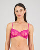 Model wears My Fit Lace Underwire Bra in FANTASY FUCHSIA. On body front view