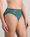 Model wears Laurel High Cut Brief in MEDITERRANEA. On body side view