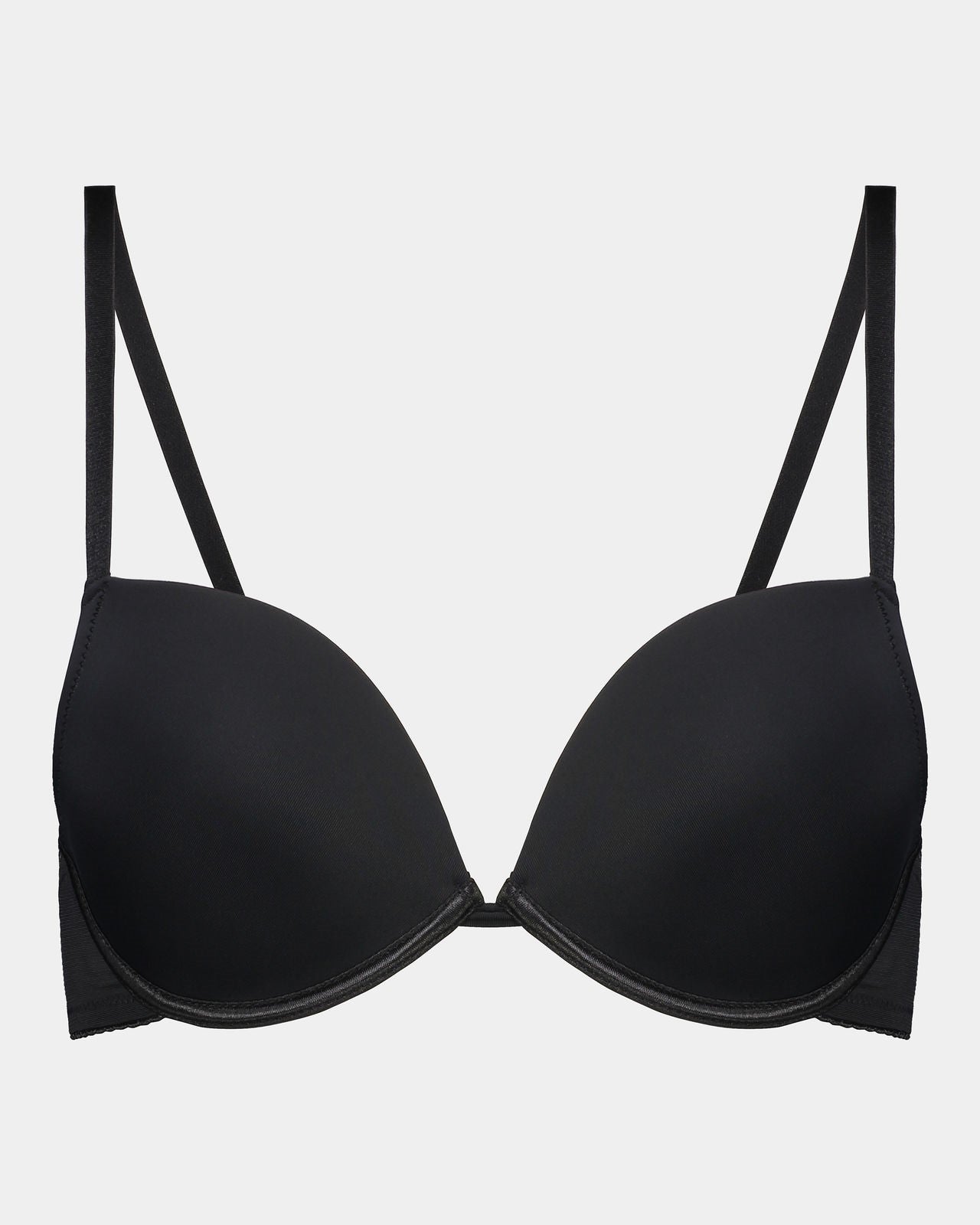 Model wears Body Basics Push Up Bra in BLACK. On body front view