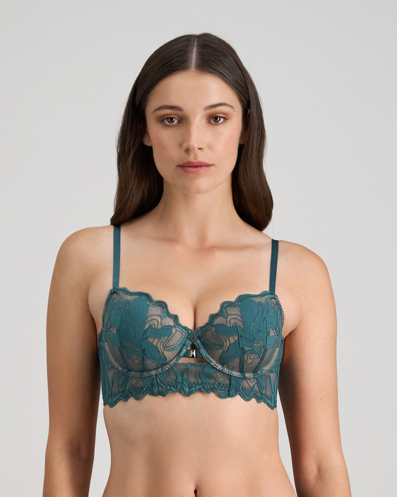 Model wears Margot Estelle Contour Long Line Bra in MEDITERRANEA. On body front view