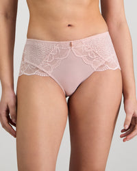Model wears Midnight Express Full Brief in PALE LILAC. On body front view