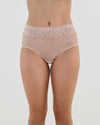 Model wears All Lacey Full Brief in LATTE. On body front view