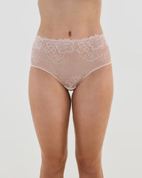 Model wears All Lacey Full Brief in LATTE. On body front view