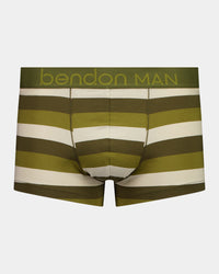 Rugby Stripe Mens Trunk in OLIVE/NUTRIA/OATMEAL. Flat lay front view