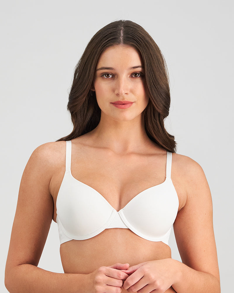 Model wears Comfit Collection Contour Bra in WHITE. On body front view
