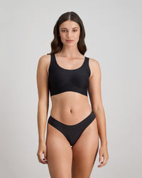 Comfit Collection Crop Top in BLACK. Flat lay back view