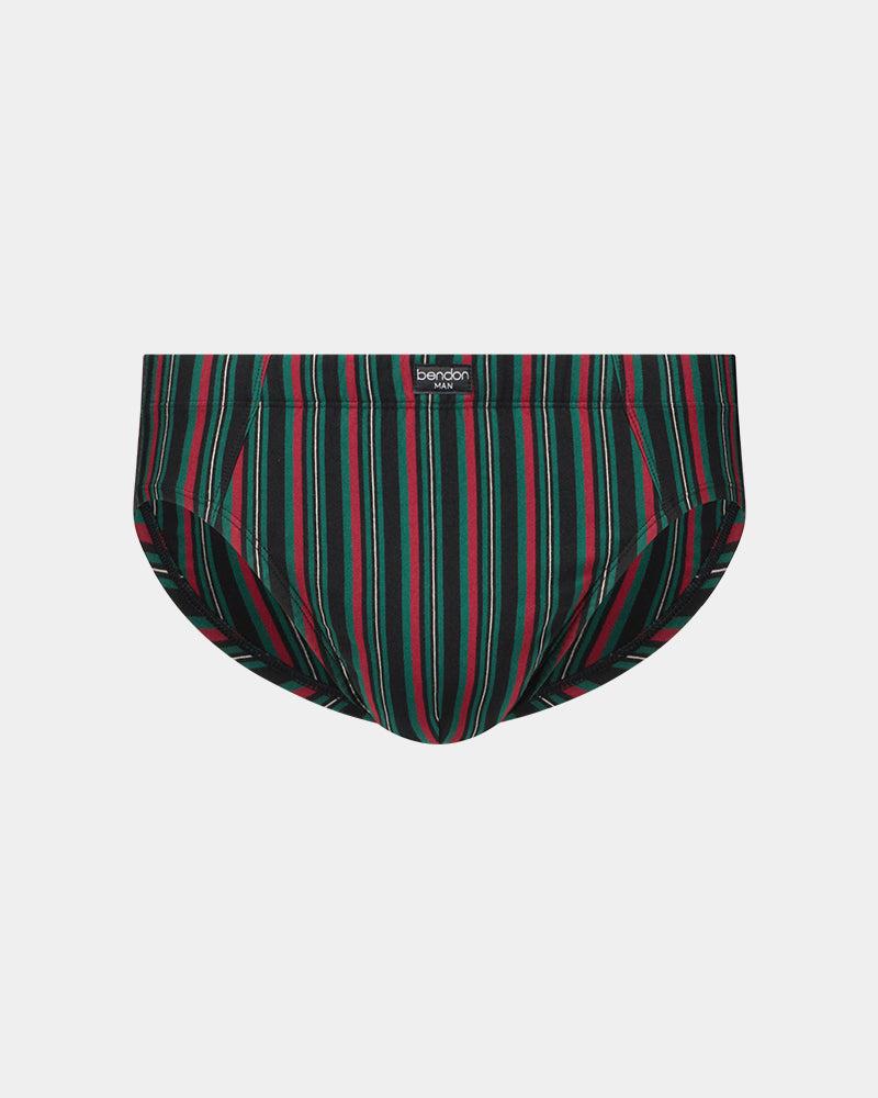 Cotton Stretch Mens Brief in BLACK/TIBETAN RED STRIPE. Flat lay front view