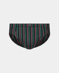 Cotton Stretch Mens Brief in BLACK/TIBETAN RED STRIPE. Flat lay front view