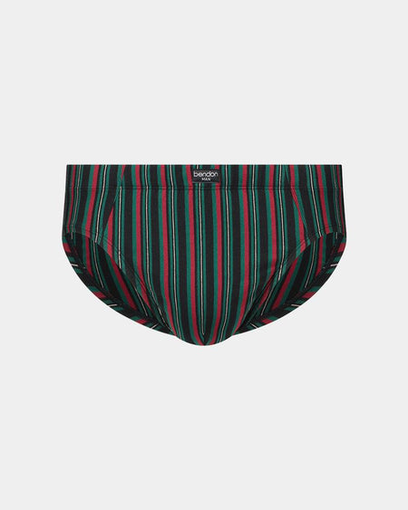 Cotton Stretch Mens Brief in BLACK/TIBETAN RED STRIPE. Flat lay front view