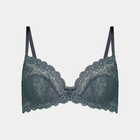 Yvette Lace Underwire Bra in DARK SLATE. Flat lay front view