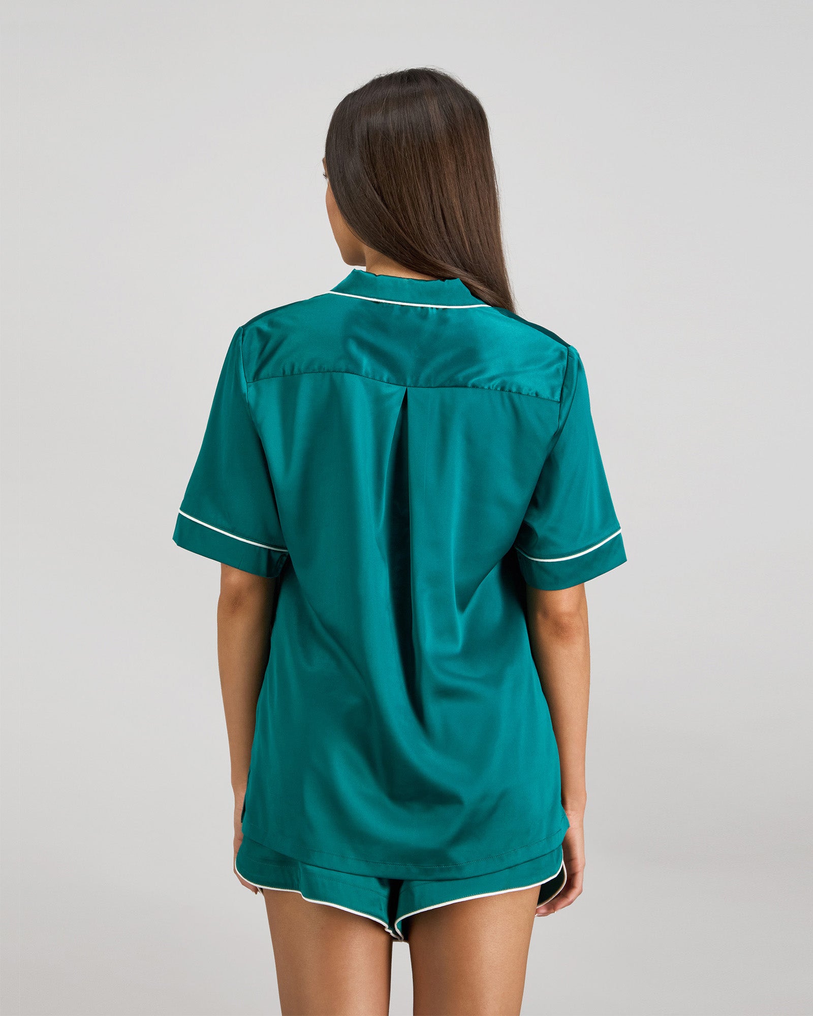 Model wears Holly Short Pj Set in EVERGLADE. On body back view