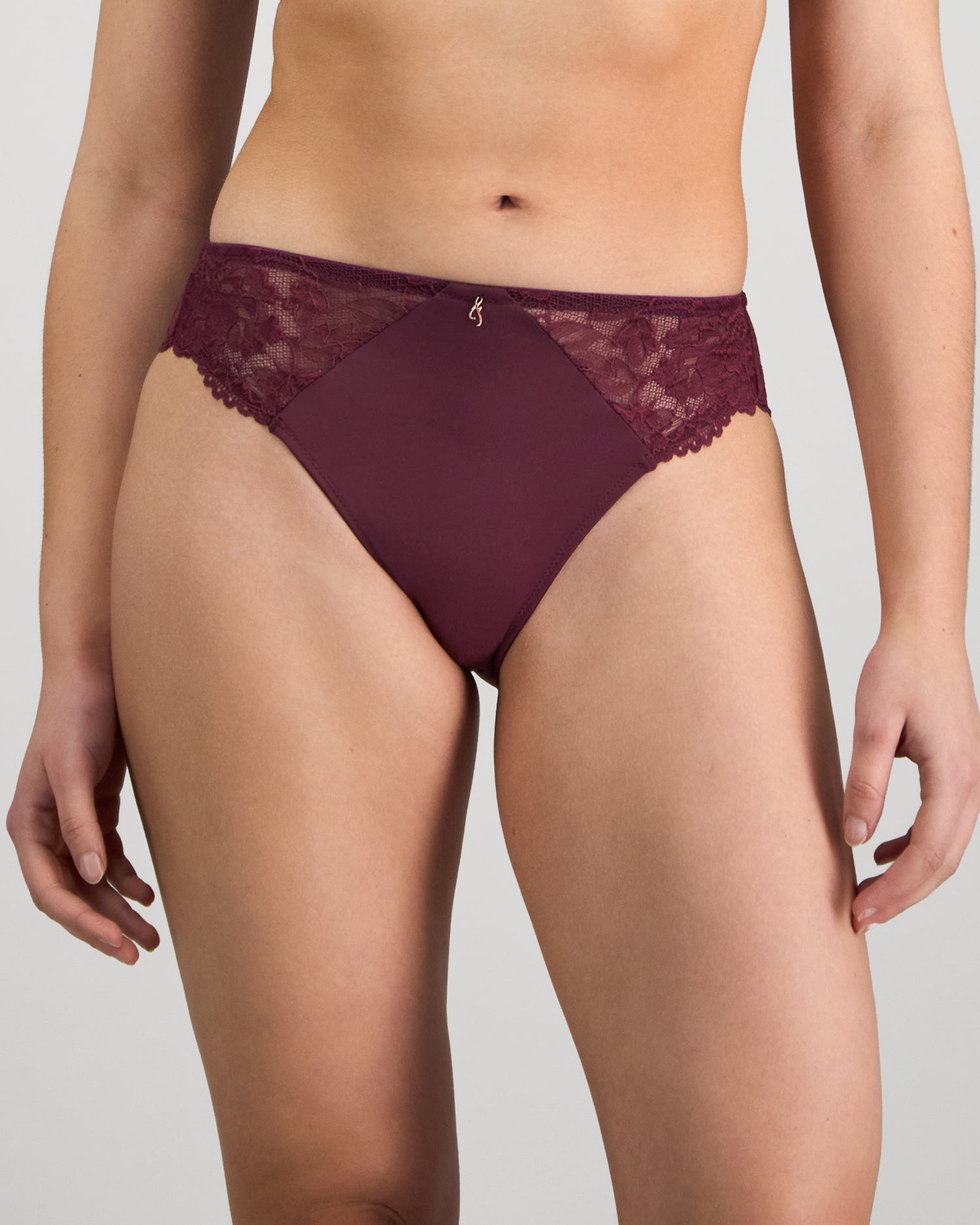 Model wears Laurel High Cut Brief in FIG. On body front view