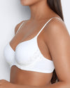 Model wears Simply Me Contour Bra in WHITE. On body side view