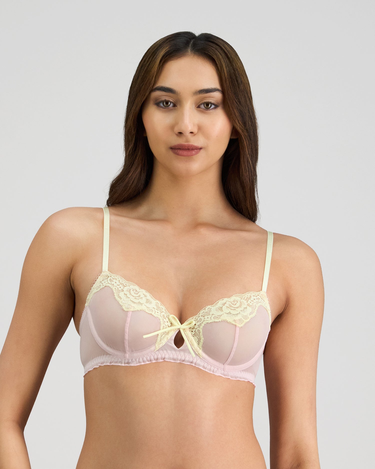 Model wears Dreamer Underwire Bra in PALE LILAC. On body front view