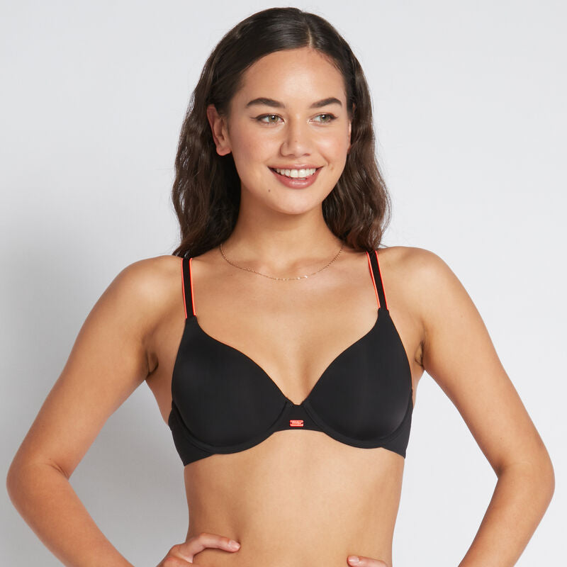 Model wears Hold Me Contour Bra in BLACK/NEON. On body front view