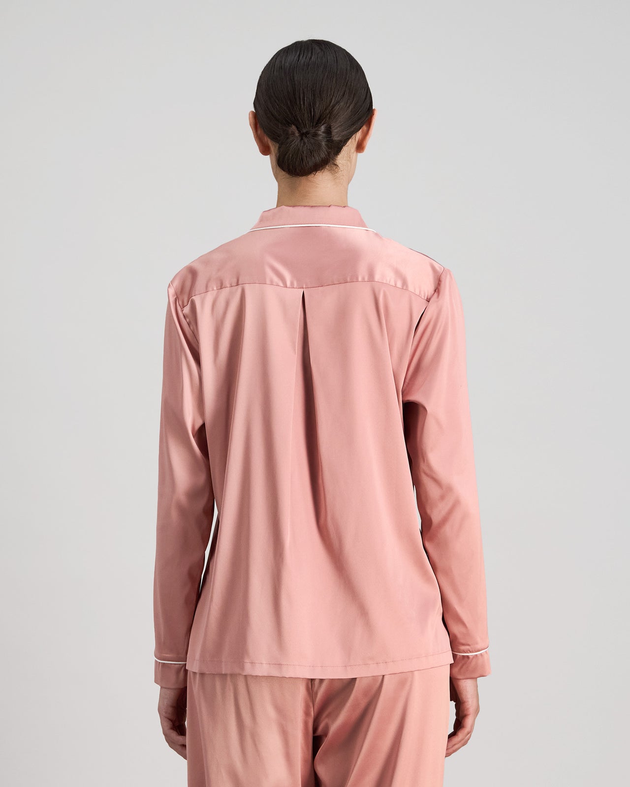 Model wears Holly Long Sleeve PJ Top in ASH ROSE. On body back view