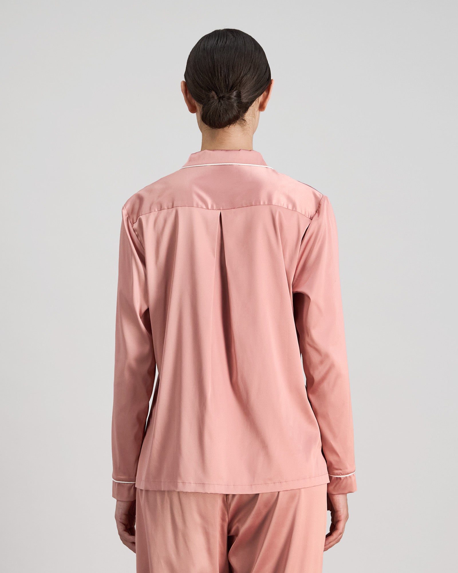 Model wears Holly Long Sleeve PJ Top in ASH ROSE. On body back view