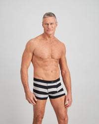 Model wears Rugby Stripe Mens Trunk in BLACK RUGBY STRIPE. On body side view